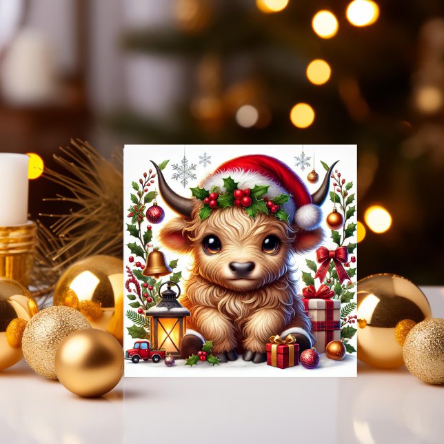 Festive Highland Cow in Santa Hat Holiday Card (Creator Uploaded)