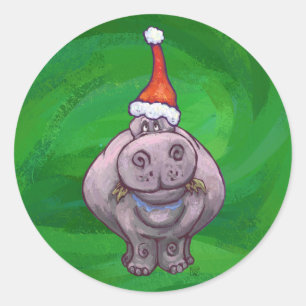 Festive Hippo On Green Classic Round Sticker