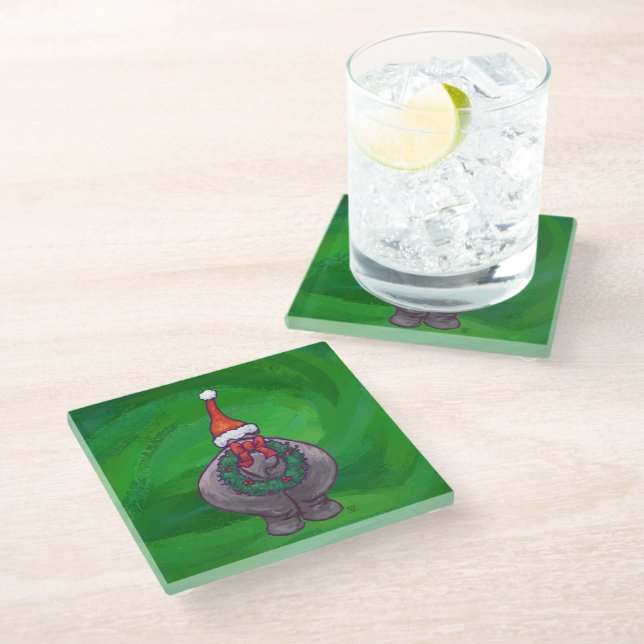 Festive Hippo On Green Glass Coaster (Angled)