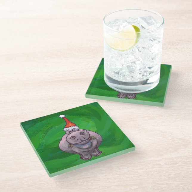 Festive Hippo On Green Glass Coaster (Angled)