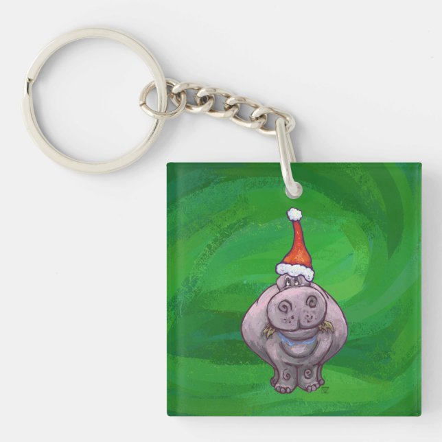Festive Hippo On Green Key Ring (Front)