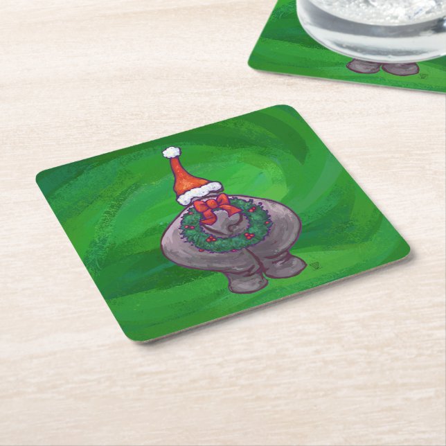 Festive Hippo On Green Square Paper Coaster (Angled)