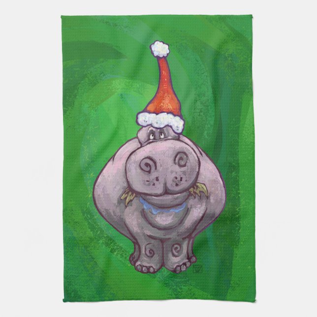 Festive Hippo On Green Tea Towel (Vertical)