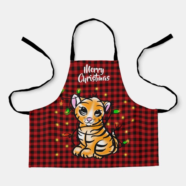 Festive Holiday baby tiger, light, red plaid  Apro Apron (Front)