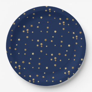 Festive Holiday Blue & Glittery Gold Stars Paper Plate
