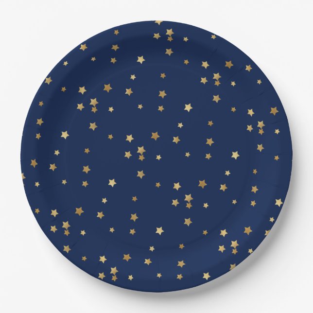 Festive Holiday Blue & Glittery Gold Stars Paper Plate (Front)
