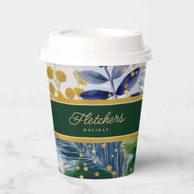 Festive Holiday Botanical Gold Sparkle Paper cup (Front)