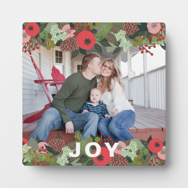 Festive Holiday Botanical Joy Type Christmas Photo Plaque (Front)