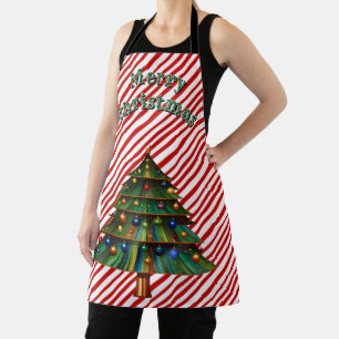 Festive Holiday Candy Cane Merry Christmas Tree Apron
