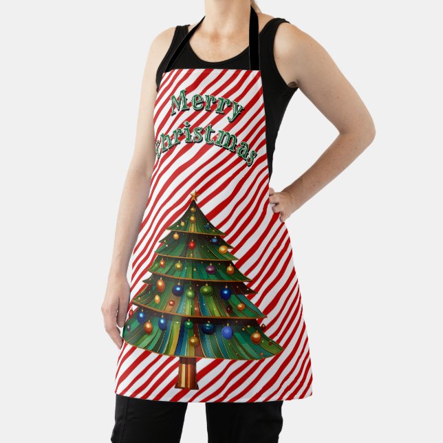Festive Holiday Candy Cane Merry Christmas Tree Apron (Insitu)