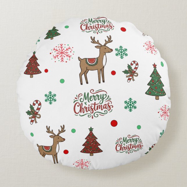 Festive Holiday Cartoon Reindeer Red Green Throw P Round Cushion (Front)