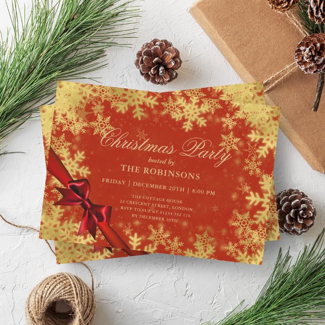 Festive Holiday Christmas Gold & Red Ribbon  Invitation (Festive Holiday Christmas Gold & Red Ribbon Invitation)