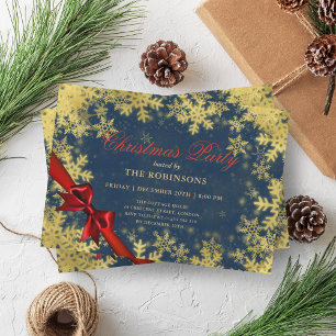 Festive Holiday Christmas Gold & Red Ribbon Navy Invitation