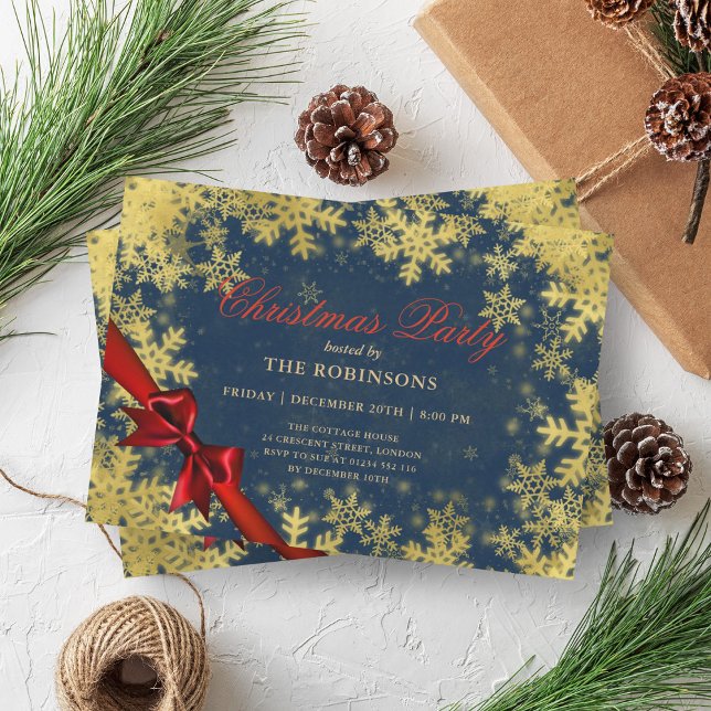 Festive Holiday Christmas Gold & Red Ribbon Navy Invitation (Festive Holiday Christmas Gold & Red Ribbon Navy Invitation)