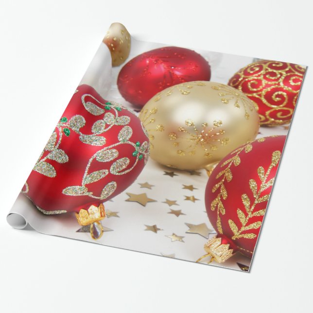 Festive Holiday Christmas Ornaments Background Wrapping Paper (Unrolled)