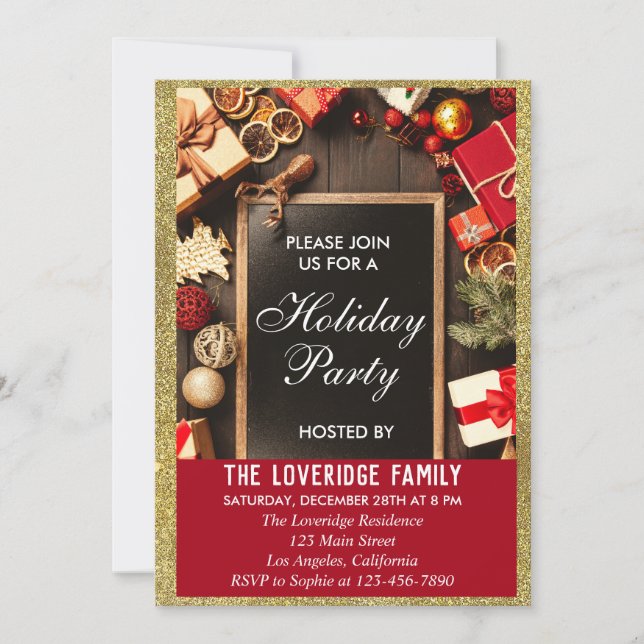 Festive Holiday Christmas Party Red & Gold Glitter Invitation (Front)
