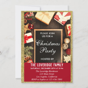 Festive Holiday Christmas Party Red & Gold Glitter Invitation
