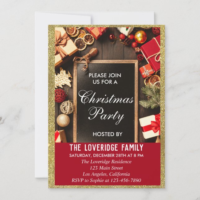 Festive Holiday Christmas Party Red & Gold Glitter Invitation (Front)