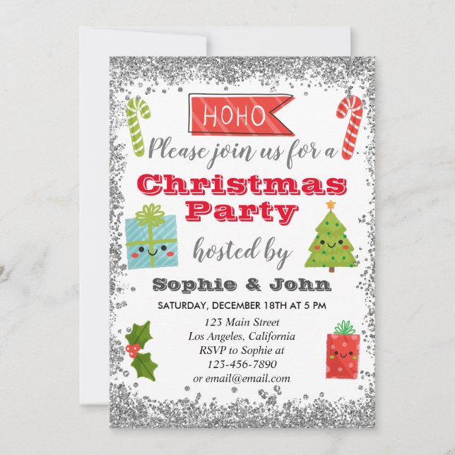 Festive Holiday Christmas Party Silver Glitter Invitation (Front)