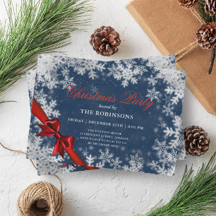 Festive Holiday Christmas Silver & Red Ribbon Navy Invitation
