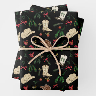 Festive Holiday Cowboy Rodeo Pattern Black Wrapping Paper Sheet