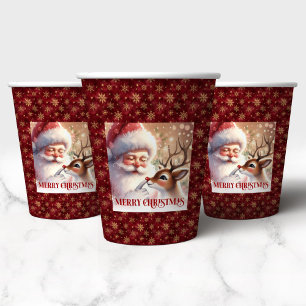 Festive Holiday Cups with Santa Claus and Rudolph