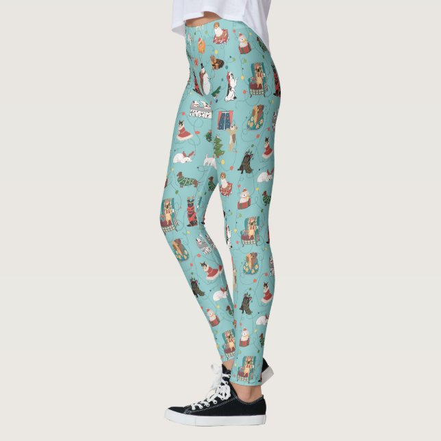 Festive Holiday Dogs in Christmas Sweaters Pattern Leggings (Left)