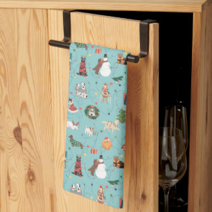 Festive Holiday Dogs in Christmas Sweaters Pattern Tea Towel