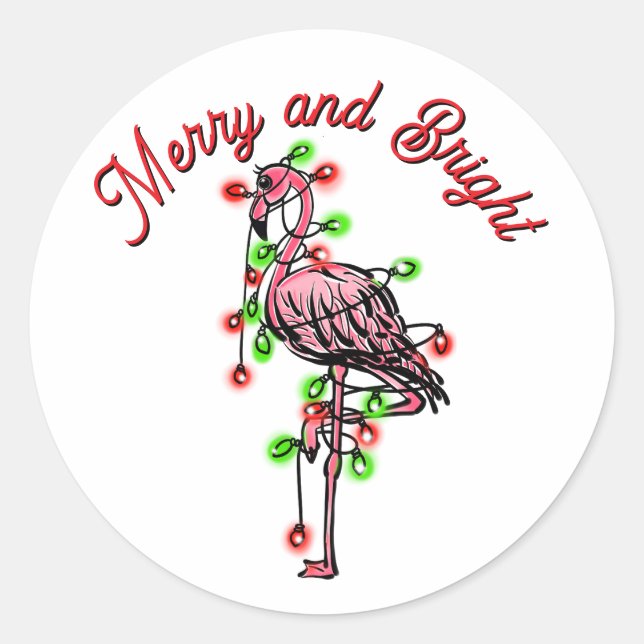 Festive holiday Flamingo  red green Xmas lights Classic Round Sticker (Front)