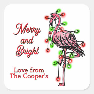 Festive holiday Flamingo red green Xmas lights Square Sticker