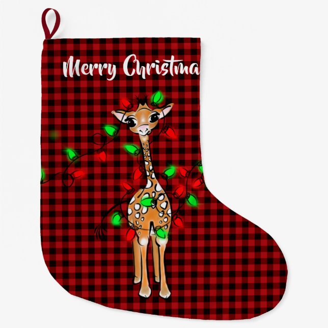 Festive Holiday Giraffe  buffalo plaid Large Christmas Stocking (Front)