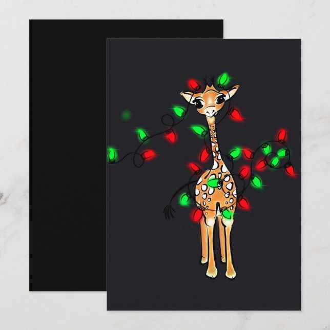 Festive holiday giraffe, red green twinkle lights  card (Front/Back)