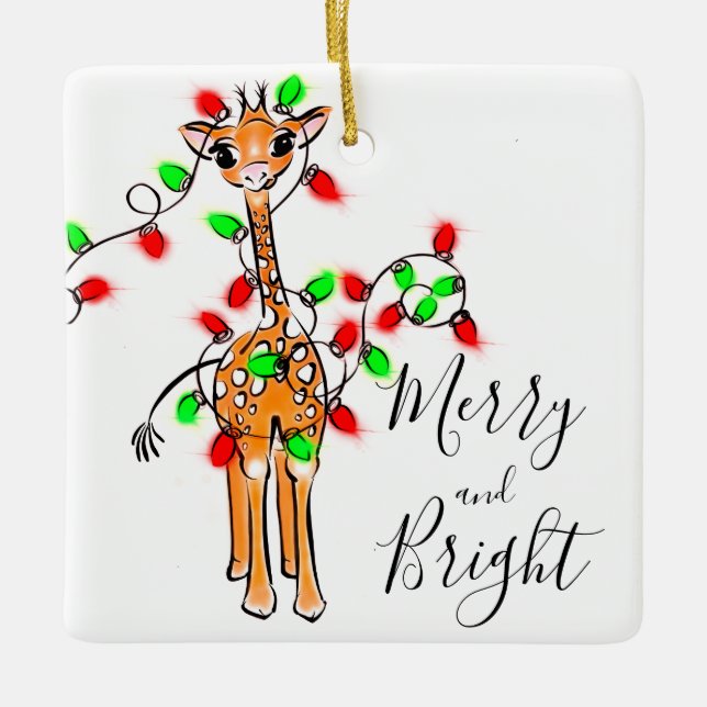 Festive holiday giraffe, red green twinkle lights  ceramic ornament (Front)