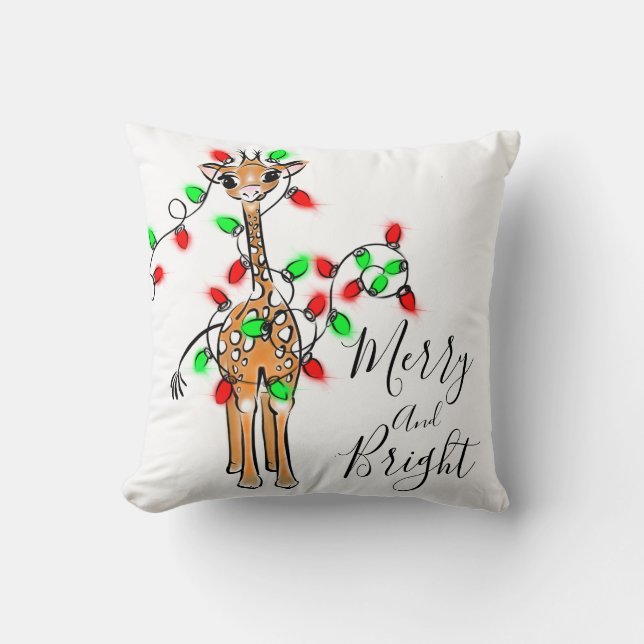 Festive holiday giraffe, red green twinkle lights  cushion (Front)
