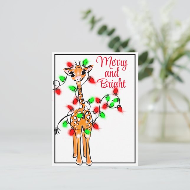 Festive holiday Giraffe | red green Xmas lights Postcard (Standing Front)