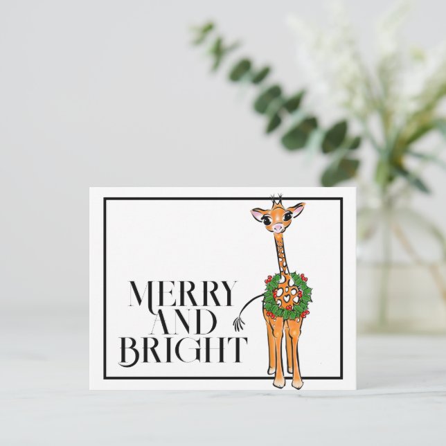 Festive holiday giraffe | red green Xmas wreath Postcard (Standing Front)