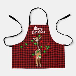 Festive Holiday Giraffe, twinkle light, red plaid Apron
