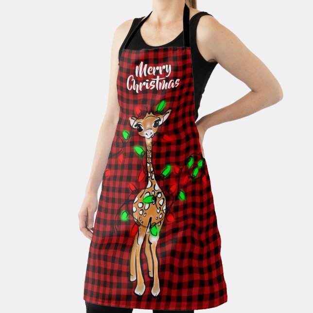Festive Holiday Giraffe, twinkle light, red plaid Apron (Insitu)