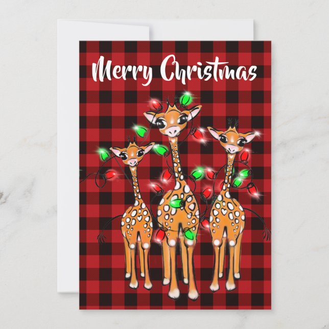 Festive Holiday Giraffe, twinkle light, red plaid  Invitation (Front)