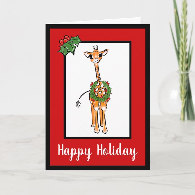 Festive Holiday Giraffe with Holly berry wreath (Front)