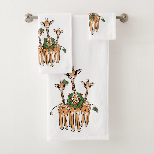Festive Holiday Giraffes with Holly wreath Bath Towel Set (Insitu)
