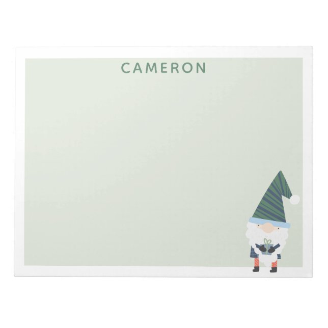 Festive Holiday Gnome Cartoon Green Personalised Notepad (Front)