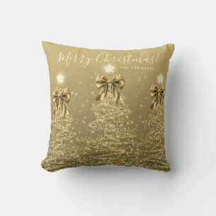 Festive Holiday Gold Christmas Trees w/ Name Cushion