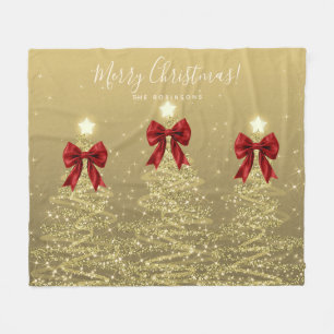 Festive Holiday Gold Christmas Trees w/ Red Bows Fleece Blanket