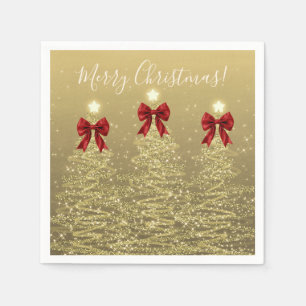 Festive Holiday Gold Christmas Trees w/ Red Bows Napkin