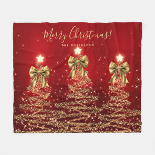 Festive Holiday Gold Red Christmas Trees w/ Bows Fleece Blanket
