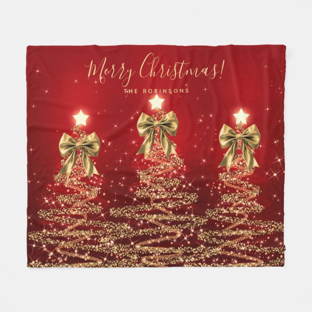 Festive Holiday Gold Red Christmas Trees w/ Bows Fleece Blanket (Front (Horizontal))