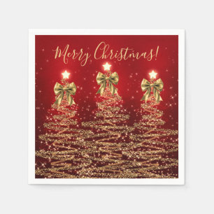 Festive Holiday Gold Red Christmas Trees w/ Bows Napkin