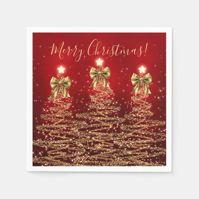 Festive Holiday Gold Red Christmas Trees w/ Bows Napkin (Front)