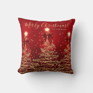 Festive Holiday Gold Red Christmas Trees w/ Name Cushion